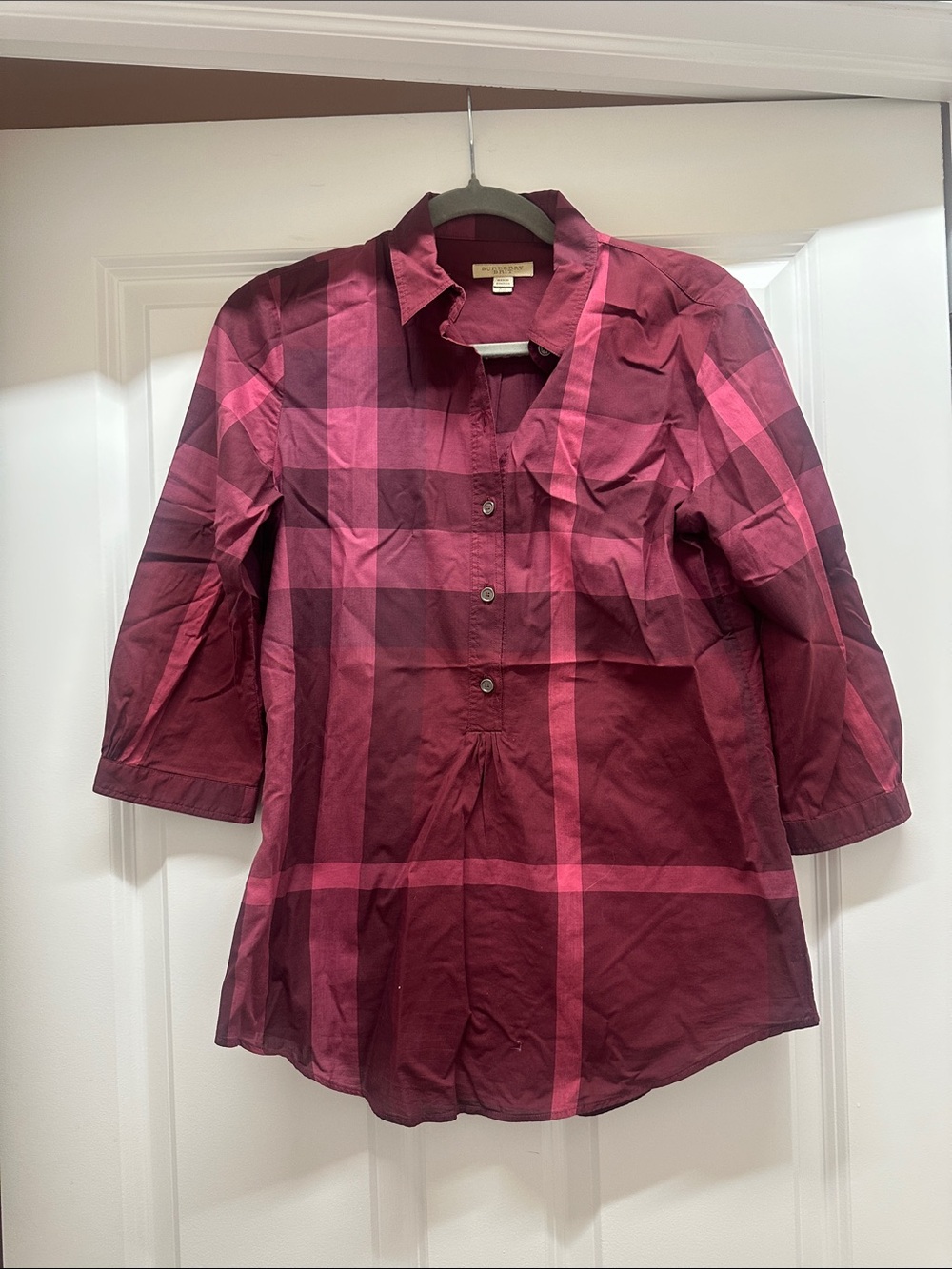 Womens Burberry Brit Burgundy Plaid Button-Front Top - xs